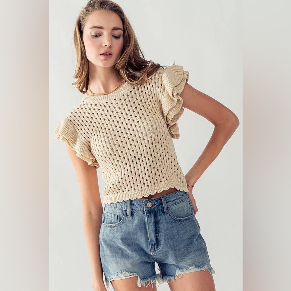 Zara‎ Ruffled Chenille Knit Top in Cream Size Small